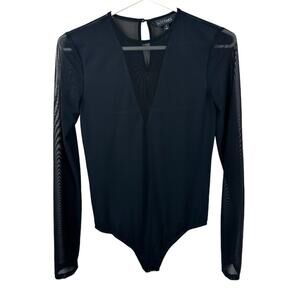 Intermix Bodysuit Womens Small Black V-Neck Sheer Mesh Long Sleeves